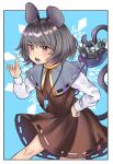  1girl animal animal_ears black_dress blush capelet dress grey_capelet grey_hair highres index_finger_raised jewelry long_sleeves mouse mouse_ears mouse_tail natsushiro nazrin open_mouth pendant red_eyes short_hair solo tail touhou 