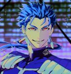  1boy armor blue_hair bright_pupils cu_chulainn_(fate) cu_chulainn_(fate/stay_night) earrings fate/stay_night fate_(series) furrowed_brow grin jewelry light_particles long_hair male_focus pauldrons ponytail portrait red_eyes sbdugite shoulder_armor smile solo spiky_hair teeth upper_body white_pupils 