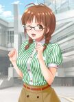  1girl akizuki_ritsuko antenna_hair belt black-framed_eyewear blue_sky blurry blurry_background blush braid breasts brown_belt brown_eyes brown_hair brown_skirt building clenched_hands clouds day glasses green_shirt hair_over_shoulder hair_tie hands_up hida_tatsuo idolmaster idolmaster_(classic) idolmaster_million_live! idolmaster_million_live!_theater_days large_breasts long_hair looking_at_viewer one_eye_closed open_mouth outdoors shirt short_hair short_sleeves skirt sky smile solo stairs striped striped_shirt traffic_cone twin_braids upper_body window 