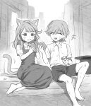  1boy 1girl absurdres aged_down animal_ears barefoot blush bread brother_and_sister cat_ears cat_girl cat_tail closed_eyes collared_shirt dress food food_on_face genshin_impact greyscale hair_between_eyes hat highres holding holding_food lynette_(genshin_impact) lyney_(genshin_impact) monochrome open_mouth outdoors pillosopi shirt short_sleeves shorts siblings sitting tail top_hat 