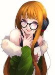  1girl bare_shoulders behind-the-head_headphones black-framed_eyewear black_tank_top fur-trimmed_jacket fur_trim glasses green_jacket headphones highres jacket long_hair looking_at_viewer off-shoulder_shirt off_shoulder open_mouth orange_hair persona persona_5 sakura_futaba shirt simple_background smile solo tank_top teeth tiritumo_mt upper_body upper_teeth_only v_over_mouth very_long_hair violet_eyes w white_background 
