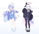  2girls :d absurdres alternate_costume aqua_hair arona_(blue_archive) bag black_eyes black_jacket black_pantyhose black_skirt blue_archive blue_eyes blue_jacket braid casual colored_inner_hair commentary denim denim_shorts fanny_pack full_body gun hair_over_one_eye hairband halo highres jacket klaius long_bangs long_hair long_sleeves looking_at_viewer multicolored_hair multiple_girls open_clothes open_jacket outstretched_arms pantyhose plana_(blue_archive) pleated_skirt rifle short_hair short_shorts short_sleeves shorts shoulder_bag sidelocks simple_background single_braid skirt smile spread_arms standing suspender_shorts suspenders two-tone_hair weapon white_hair 