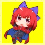  1girl adapted_costume akatsuki_records alternate_costume black_bodysuit blue_bow bodysuit boots border bow cape capelet catsuit chibi cloak commentary_request full_body hair_bow long_sleeves matty_(zuwzi) red_cape red_cloak red_eyes redhead ribbon-trimmed_bow rock_&#039;n&#039;_rock_&#039;n&#039;_beat sekibanki short_hair simple_background skin_tight solo touhou two-sided_cape two-sided_fabric two-tone_cape white_border zipper 