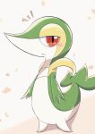  absurdres animal_focus blush commentary english_commentary full_body half-closed_eyes highres inariya_(pixiv_88175043) looking_at_viewer no_humans notice_lines open_mouth pokemon pokemon_(creature) red_eyes snivy solo standing white_background 