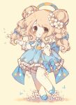  1girl back_bow blonde_hair blue_bow blue_dress blue_footwear blue_ribbon blush blush_stickers bow bow_skirt braid bug butterfly chibi clenched_hand collared_shirt commission double_bun dress english_commentary eyelashes falling_petals floral_print flower flower_bed frilled_dress frilled_shirt_collar frilled_sleeves frills grass green_eyes hair_bow hair_bun hair_flower hair_ornament lemon_print light_smile littlebluemuffin long_hair long_sleeves looking_at_viewer mary_janes neck_ribbon open_mouth original outstretched_hand painttool_sai_(medium) petals puffy_long_sleeves puffy_sleeves ribbon shadow shirt shoes short_dress sleeveless sleeveless_dress thigh-highs twin_braids twintails white_flower white_shirt white_thighhighs yellow_background 