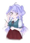  1girl :o alternate_costume amiya_aranha amiya_aranha_(artist) blue_shirt blush braid breasts collared_shirt english_commentary glasses highres holding holding_pointer indie_virtual_youtuber long_hair looking_to_the_side medium_breasts plaid plaid_skirt pointer purple_hair red_skirt round_eyewear shirt shirt_tucked_in side_braids simple_background skirt solo two_side_up unmoving_pattern very_long_hair violet_eyes virtual_youtuber white_background 
