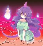  blush breasts clothes_writing collarbone commentary_request english_text fire frilled_shorts frills gradient_background green_shirt green_shorts hair_between_eyes hitodama holster horns in_water long_hair long_tail looking_ahead medium_breasts messy_hair open_mouth pointy_ears purple_hair purple_tail red_eyes shirt short_sleeves shorts signature simple_background single_horn single_off_shoulder standing syringe syringe_holster tail tanasuke tenkajin_chiyari thigh_holster tongue touhou water 