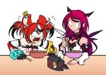  2girls animal_ears black_hair blue_eyes bow bowl chopsticks emeruga hair_ornament hakos_baelz hololive hololive_english horns irys_(hololive) long_hair mouse_ears mouse_girl mousetrap multicolored_hair multiple_girls pointy_ears purple_hair redhead shirt spicy streaked_hair twintails very_long_hair virtual_youtuber white_hair 