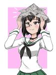  1girl adjusting_clothes adjusting_headwear black-framed_eyewear black_choker black_eyes black_hair blush bob_cut bow_choker choker closed_mouth commentary girls_und_panzer half-closed_eyes kawashima_momo looking_to_the_side monocle newspaper notice_lines paper_hat purple_background semi-rimless_eyewear short_hair smile solo takahashi_kurage textless_version under-rim_eyewear 