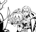  1boy 2girls :d ahoge belt briar_(league_of_legends) carrying chained_wrists coat fangs frown greyscale hair_between_eyes league_of_legends leblanc_(league_of_legends) lifting_person long_hair long_sleeves monochrome multiple_girls phantom_ix_row smile swain_(league_of_legends) 