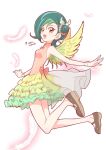 1girl angel_wings bare_legs brown_eyes brown_footwear feathers full_body green_hair hair_bun looking_at_viewer mary_janes mizuki_kotori mizuki_kotori_(yu-gi-oh!) mizuki_kotori_(yuu-gi-ou_zexal) multicolored_hair ochi_marco shoes simple_background single_side_bun twitter_username two-tone_hair wings yellow_wings yu-gi-oh! yu-gi-oh!_zexal