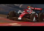  1boy absurdres alfa_romeo car federation_internationale_de_l&#039;automobile formula_one formula_racer helmet highres letterboxed logo mirroraptor motion_blur motor_vehicle race_vehicle racecar real_life solo spoiler_(automobile) vehicle_focus white_headwear zhou_guanyu 