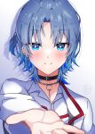  1girl absurdres black_choker blue_eyes blue_hair blush breasts choker closed_mouth colored_tips ear_piercing highres hiodoshi_ao hololive jewelry looking_at_viewer mole mole_under_mouth multicolored_hair parted_bangs piercing satsuki_(pixiv_742410) shirt short_hair smile solo upper_body virtual_youtuber white_background white_shirt 