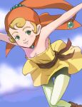  1girl bandana bare_shoulders blonde_hair blush breasts capelet character_request clouds dress green_eyes haruyama_kazunori looking_at_viewer retro_artstyle short_hair skirt small_breasts smile solo yellow_dress 
