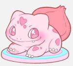  alternate_color animal_focus bulbasaur claws closed_mouth english_commentary fangs grey_background heart janna_(sweepysheepy) no_humans nostrils pink_eyes pink_theme pokemon pokemon_(creature) signature simple_background 