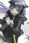  1girl absurdres aiv animal_ears arknights black_hair black_jacket black_shorts cat_ears commentary_request floating_hair grey_background gun handgun headset highres holding holding_gun holding_weapon hood hood_down hooded_jacket jacket jessica_(arknights) long_hair long_sleeves open_clothes open_jacket purple_hair shirt shorts simple_background sketch solo weapon white_shirt 