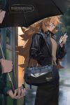  1boy 1girl bag black_hair black_jacket cellphone english_text hand_in_pocket highres holding holding_phone holding_umbrella jacket knifedragon long_hair orange_hair original outdoors phone rain shoulder_bag sweat tan_shirt tree umbrella very_long_hair violet_eyes wet 