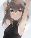  1girl armpits arms_up black_shirt breasts brown_eyes brown_hair commentary_request commission hatomaru_(hatomaru56) headband headgear highres kantai_collection medium_hair shirt skeb_commission sleeveless sleeveless_turtleneck small_breasts solo taihou_(kancolle) turtleneck upper_body 