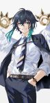  1boy :d angel_wings aqua_hair belt black_hair black_necktie black_pants blush braid collared_shirt cowboy_shot crossed_bangs fractalmagnolia genshin_impact gradient_hair green_eyes grin hair_between_eyes hands_in_pockets looking_at_viewer male_focus multicolored_hair necktie pants shirt side_braids simple_background sleeves_rolled_up smile solo suit twin_braids two-tone_hair venti_(genshin_impact) watch watch white_background white_shirt wings 