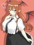  1girl bat_wings black_necktie black_skirt breasts collared_shirt commentary frilled_skirt frills head_wings heart highres koakuma large_breasts long_hair multiple_wings necktie no_vest one-hour_drawing_challenge pointy_ears red_background red_eyes red_nails redhead shirokumall shirt short_sleeves simple_background skirt solo touhou white_shirt wings 