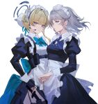  2girls apron blonde_hair blue_archive blue_bow blue_bowtie blue_dress blue_eyes bow bowtie braid breasts bun_cover cowboy_shot dress grey_hair hair_bun hair_intakes halo headset highres holding holding_key izayoi_sakuya juliet_sleeves key long_sleeves looking_at_viewer maid maid_headdress multiple_girls puffy_sleeves reeh_(yukuri130) revision short_hair simple_background small_breasts standing toki_(blue_archive) touhou twin_braids waist_apron white_apron white_background 