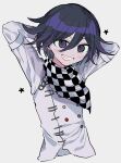  1boy absurdres arms_behind_head black_hair blush buttons checkered_clothes checkered_scarf cropped_torso danganronpa_(series) danganronpa_v3:_killing_harmony double-breasted fang grey_background grey_jacket grin hair_between_eyes highres jacket multicolored_hair oma_kokichi purple_hair scarf simple_background smile solo star_(symbol) teeth two-tone_hair uta_(utamilk) violet_eyes 