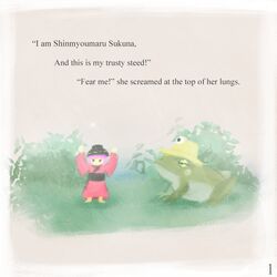  1girl black_headwear bowl bowl_hat commentary english_commentary english_text frog hat japanese_clothes kimono lad_der moriya_suwako moriya_suwako_(frog) outdoors purple_hair red_kimono sash short_hair sukuna_shinmyoumaru touhou 