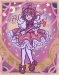  blush bow brown_hair cardcaptor_sakura child clairiko dress green_eyes happy highres holding holding_wand kero kinomoto_sakura magical_girl moon pink_dress red_bow short_hair star_(symbol) sun teeth upper_teeth_only wand wings 