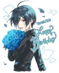  1boy :d ahoge blue_flower blush bouquet brown_eyes cropped_torso danganronpa_(series) danganronpa_v3:_killing_harmony dated flower hair_over_one_eye happy_birthday highres holding holding_bouquet jacket long_sleeves looking_at_viewer male_focus open_mouth saihara_shuichi short_hair smile solo striped striped_jacket taru_(429_ne5) white_background 