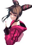  1girl black_choker black_hair choker drill_hair fingerless_gloves gloves hair_horns han_juri highres looking_at_viewer lumo_1121 middle_finger nail_polish short_hair simple_background smile solo street_fighter street_fighter_iv_(series) violet_eyes white_background 