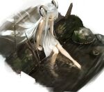  1girl bare_shoulders barefoot closed_mouth curled_horns dress eyelashes half-closed_eyes hara_shoutarou horns log long_eyelashes long_hair moss original outdoors pointy_ears ripples river rock sitting sitting_on_log solo twig very_long_hair water white_dress white_hair 