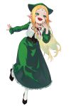  1girl :d absurdres blonde_hair commentary corset dress elf english_commentary facial_tattoo fantasy full_body gemi_ningen green_dress green_eyes highres long_hair open_mouth original parted_bangs pathfinder pointy_ears sharp_teeth smile solo tattoo teeth upper_teeth_only white_background 