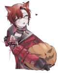  1boy absurdres animal_ears cat_boy cat_ears collarbone fangs food gloves green_eyes hair_between_eyes heart high_collar highres holding holding_food holding_pumpkin holding_vegetable holostars holostars_english jacket looking_at_viewer machina_x_flayon male_focus open_mouth pumpkin red_jacket redhead ria_(rian_0210) short_hair side_part slit_pupils smile solo vegetable virtual_youtuber white_background 
