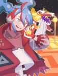 1girl blue_hair commentary_request covered_collarbone crossover fire floating_hair gloves grey_eyes hand_up hatsune_miku highres holding jacket kana_(kanna_runa0620) long_hair multicolored_hair open_clothes open_jacket poke_ball_print pokemon pokemon_(creature) project_voltage red_gloves red_jacket red_pupils redhead shirt skeledirge twintails two-tone_hair vocaloid