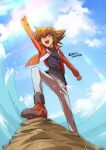  1boy :d arm_up black_shirt brown_eyes brown_hair clenched_hands clouds cloudy_sky duel_academy_uniform_(yu-gi-oh!_gx) jacket looking_up male_focus ochi_marco open_clothes open_jacket open_mouth pants red_jacket shirt short_hair sky smile solo teeth twitter_username water yu-gi-oh! yu-gi-oh!_gx yuuki_juudai 