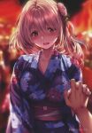  1girl absurdres blurry blurry_background blush breasts brown_eyes hair_ornament hand_up hanikami_kanojo highres hiiragi_sano interlocked_fingers japanese_clothes kimono light_brown_hair long_hair looking_at_viewer medium_breasts obi open_mouth piromizu sash scan simple_background upper_body 