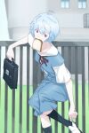  1girl ayanami_rei black_socks blue_hair bread bread_slice food food_in_mouth highres neon_genesis_evangelion nyath outdoors red_eyes red_ribbon ribbon school_uniform short_hair socks solo tokyo-3_middle_school_uniform white_footwear window 