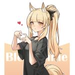  1girl animal_ear_fluff animal_ears arknights black_bow black_shirt blemishine_(arknights) blonde_hair bow character_name extra_ears hair_bow hands_up heart heart_hands highres horse_ears horse_girl jiuyu_qame looking_at_viewer ponytail shirt short_sleeves simple_background solo t-shirt upper_body white_background yellow_eyes 