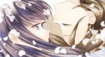 2girls blurry blurry_foreground braid braided_bangs brown_hair closed_eyes closed_mouth crying crying_with_eyes_open depth_of_field face-to-face facing_another falling_petals floating_hair flying_teardrops from_side hair_behind_ear highres long_hair looking_at_another minase_suzu multiple_girls petals portrait profile purple_hair short_hair shoujo_kageki_revue_starlight simple_background tareko tears tsuyuzaki_mahiru upside-down violet_eyes white_background 