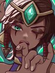  1girl brown_hair dark-skinned_female dark_skin fingernails green_eyes hair_ornament highres karma_(league_of_legends) kawaguti_kappa league_of_legends looking_at_viewer one_eye_closed open_mouth portrait serious short_hair simple_background solo 