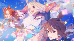  3girls absurdres admire_vega_(umamusume) animal_ears armor blonde_hair breasts brown_hair clouds confetti corset crown day detached_sleeves fingerless_gloves gloves highres horse_ears jacket mini_crown miniskirt motion_blur multiple_girls narita_top_road_(umamusume) open_mouth orange_eyes orange_hair outdoors purple_jacket running sava_(sava_023) shirt short_hair shoulder_armor skirt small_breasts smile streamers t.m._opera_o_(umamusume) umamusume umamusume:_road_to_the_top violet_eyes white_gloves white_shirt 