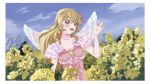  1girl :d aikatsu! aikatsu!_(series) all_day_long blonde_hair blue_sky blush bow choker clouds day dress field flower flower_field frilled_dress frills hair_ribbon hand_up highres hoshimiya_ichigo long_hair looking_at_viewer open_hand open_mouth orange_eyes outdoors pink_bow pink_choker pink_dress pink_ribbon ribbon sky smile solo standing white_wings wings yellow_flower 