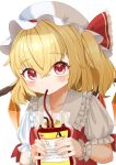  1girl blonde_hair blood blood_bag blush breasts collarbone collared_shirt crystal drinking flandre_scarlet frilled_shirt_collar frills hair_between_eyes hat hat_ribbon highres holding looking_at_viewer medium_hair mob_cap multicolored_wings neko_atelier one_side_up puffy_short_sleeves puffy_sleeves red_eyes red_ribbon red_vest ribbon shirt short_sleeves simple_background small_breasts solo touhou upper_body vest white_background white_headwear white_shirt wings wrist_cuffs 