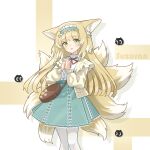  1girl :d absurdres animal_ears arknights bag blonde_hair blue_skirt brown_bag cardigan character_name feet_out_of_frame fox_ears fox_girl fox_tail frilled_hairband frills green_eyes hairband heixiu highres jiuyu_qame long_hair long_sleeves luo_xiaohei_zhanji multicolored_hair neck_ribbon official_alternate_costume open_cardigan open_clothes open_mouth own_hands_together pantyhose red_ribbon ribbon shirt shirt_tucked_in shoulder_bag simple_background skirt smile solo streaked_hair suzuran_(arknights) suzuran_(spring_praise)_(arknights) tail white_hair white_pantyhose white_shirt yellow_cardigan 