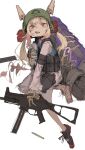  1girl absurdres animal_ears blonde_hair blue_vest bottle fake_animal_ears gradient_hair grenade_hair_ornament gun highres holding holding_bottle holding_gun holding_weapon ikine_tomeru indie_virtual_youtuber kappa_modoki multicolored_hair open_mouth pill red_eyes redhead shinsougumi shirt sidelocks solo tactical_clothes teeth tongue tongue_out twintails upper_teeth_only vest weapon white_background white_shirt 