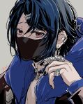  1boy alcryst_(fire_emblem) blue_hair choker covered_mouth earrings fire_emblem fire_emblem_engage hair_between_eyes hair_ornament hairclip highres hood hoodie jewelry looking_at_viewer mask mouth_mask piercing red_eyes ring short_hair solo umi_(_oneinchswing) 
