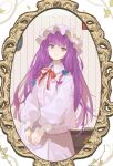  1girl absurdres closed_mouth crescent crescent_hat_ornament daedalu dress hat hat_ornament highres long_hair long_sleeves mob_cap patchouli_knowledge puffy_long_sleeves puffy_sleeves purple_dress purple_hair purple_headwear solo touhou upper_body violet_eyes 