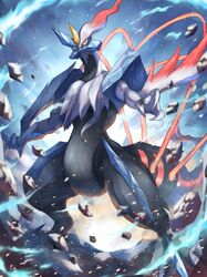  absurdres claws closed_mouth colored_sclera commentary_request fangs fangs_out from_below grey_eyes highres kyurem looking_down no_humans pokemon pokemon_(creature) ririri_(user_rkrv7838) rock solo standing white_kyurem yellow_sclera 