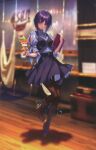  1girl absurdres blue_eyes blurry blurry_background boots breasts buttons food fruit full_body hanikami_kanojo highres holding ice_cream ice_cream_cup indoors looking_at_viewer pantyhose piromizu puffy_sleeves purple_hair scan short_hair short_sleeves simple_background skirt small_breasts solo 