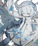  1girl angel angel_wings blue_eyes blue_flower boots commentary feathered_wings feathers flower half-closed_eye halo high_collar highres jacket long_sleeves one_eye_closed original short_hair solo soresaki symbol-only_commentary white_headwear white_jacket wings 